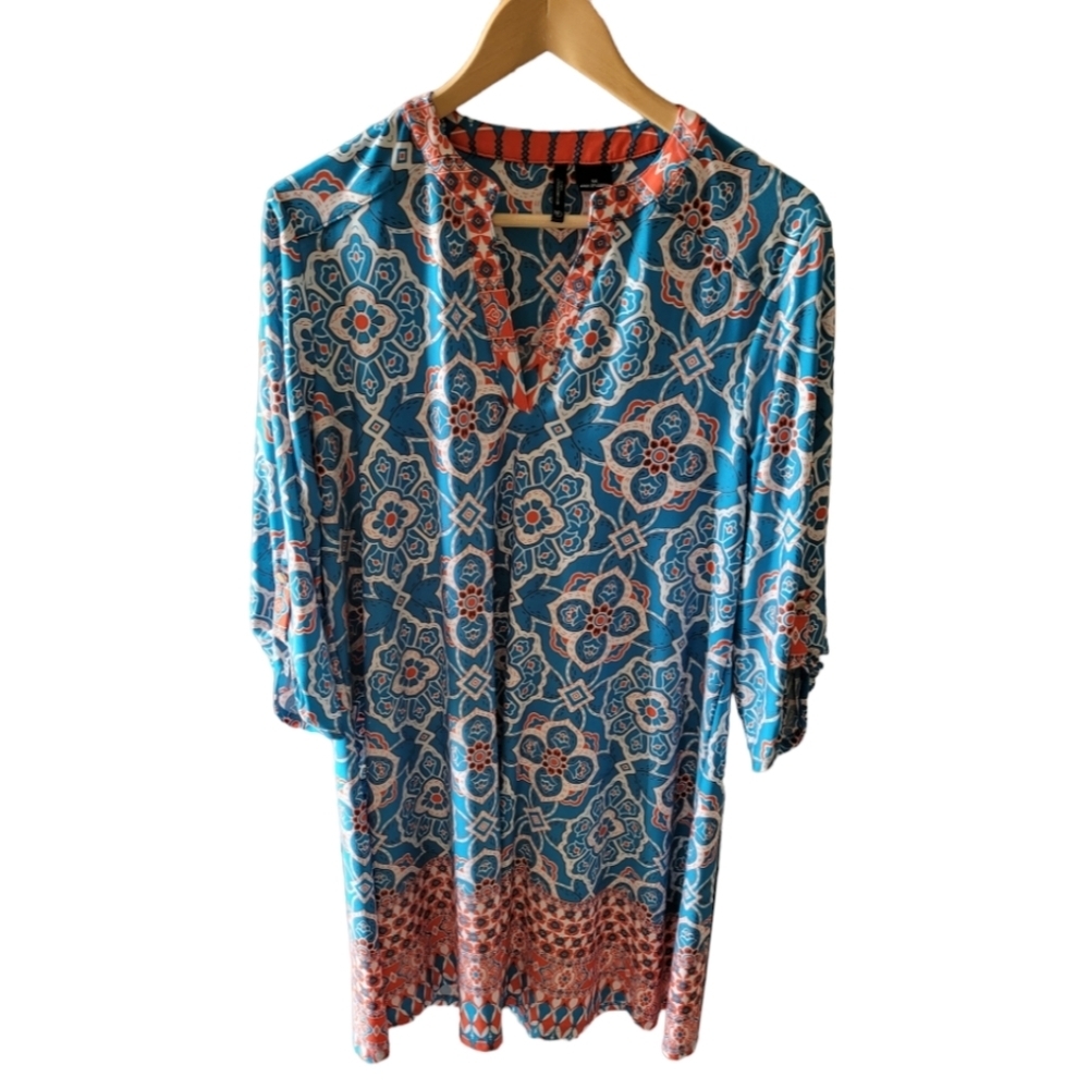 New Directions Polyester Dress Moroccan Print Vibrant Colors Plus Size1X Blue